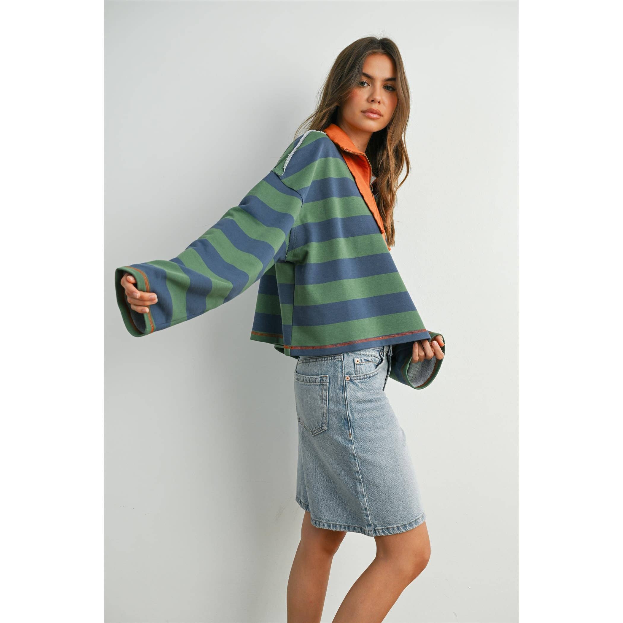 BUTTERMELON - Striped Quarter-Zip Contrast Sweatshirt