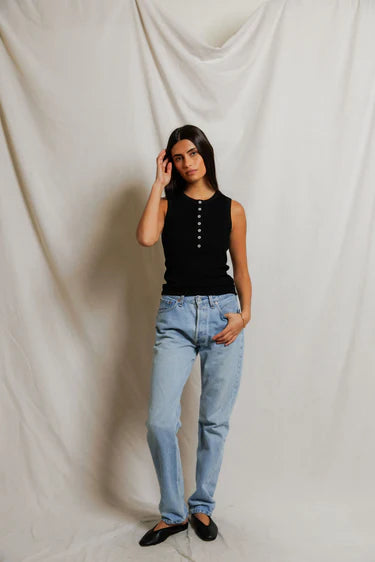 perfectwhitetee Loretta Luxe Rib Henley Tank - Black