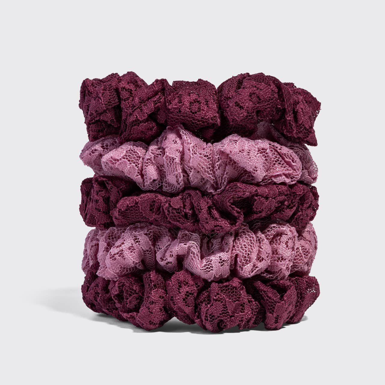 KITSCH - Ruched Lace Scrunchies 5pc Set - Cherry Lacquer & Dusty Pink