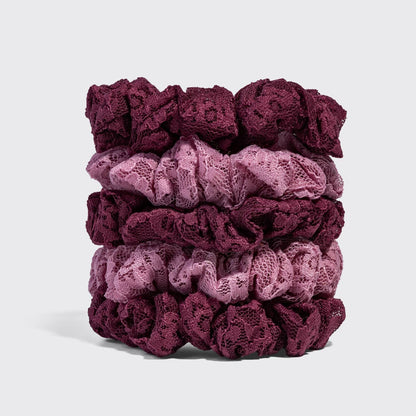KITSCH - Ruched Lace Scrunchies 5pc Set - Cherry Lacquer & Dusty Pink