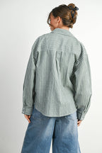 BUTTERMELON - Cropped Striped Button-Up Collared Long Sleeve Top - Multiple Colors