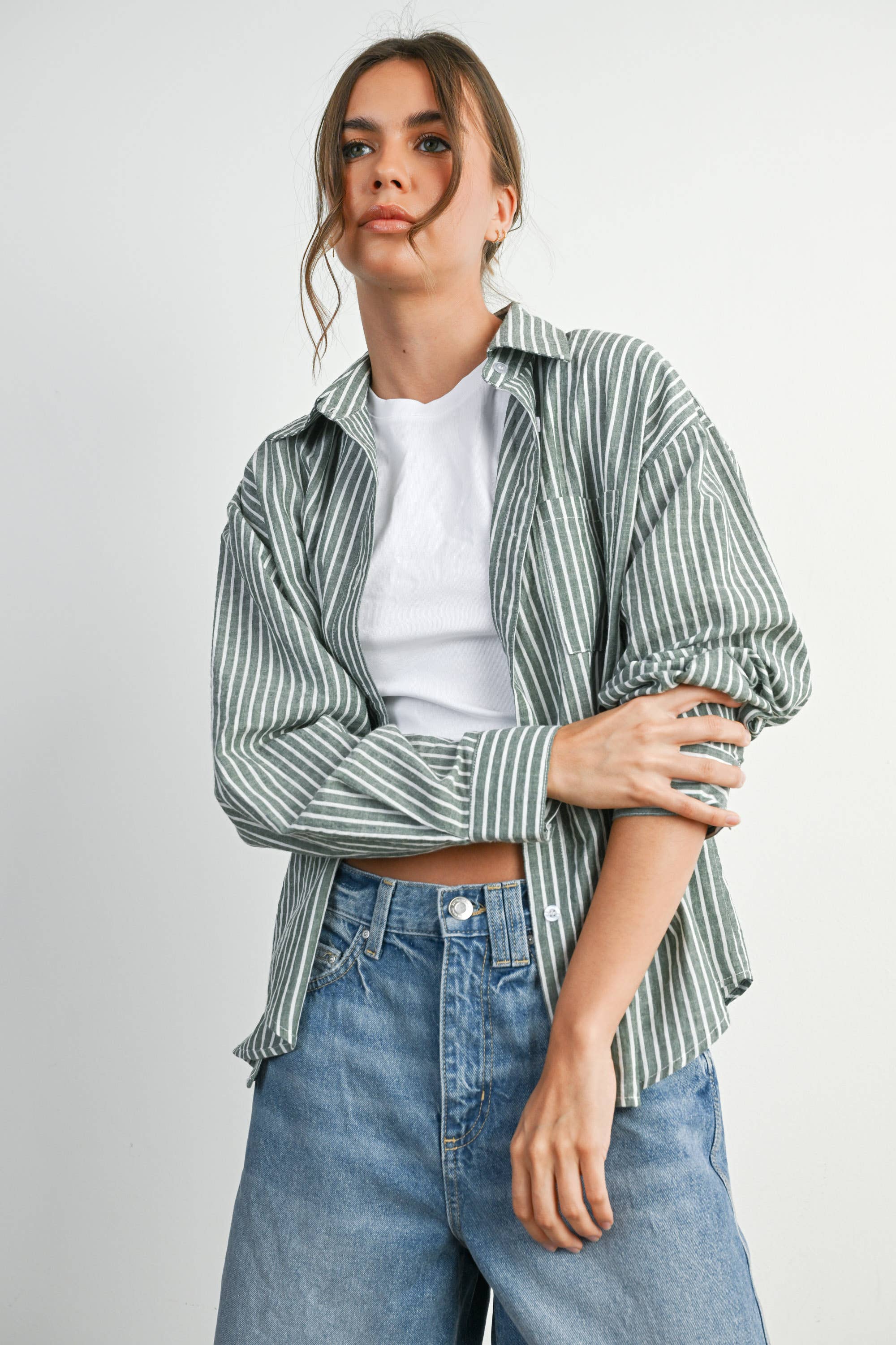 BUTTERMELON - Cropped Striped Button-Up Collared Long Sleeve Top - Multiple Colors