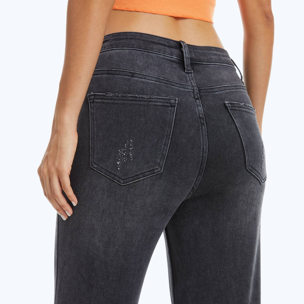 BAYEAS - HIGH RISE WIDE LEG JEANS WITH FRAYED HEM