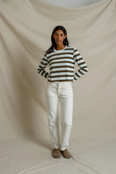 perfectwhitetee - veya cotton rugby stripe long sleeve tee - olive stripe
