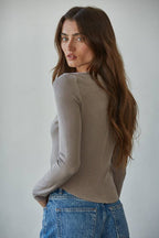 By Together - Knit Ribbed Crew Neck Long Sleeve Half Button Up Top