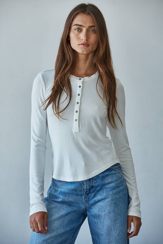 By Together - Knit Ribbed Crew Neck Long Sleeve Half Button Up Top