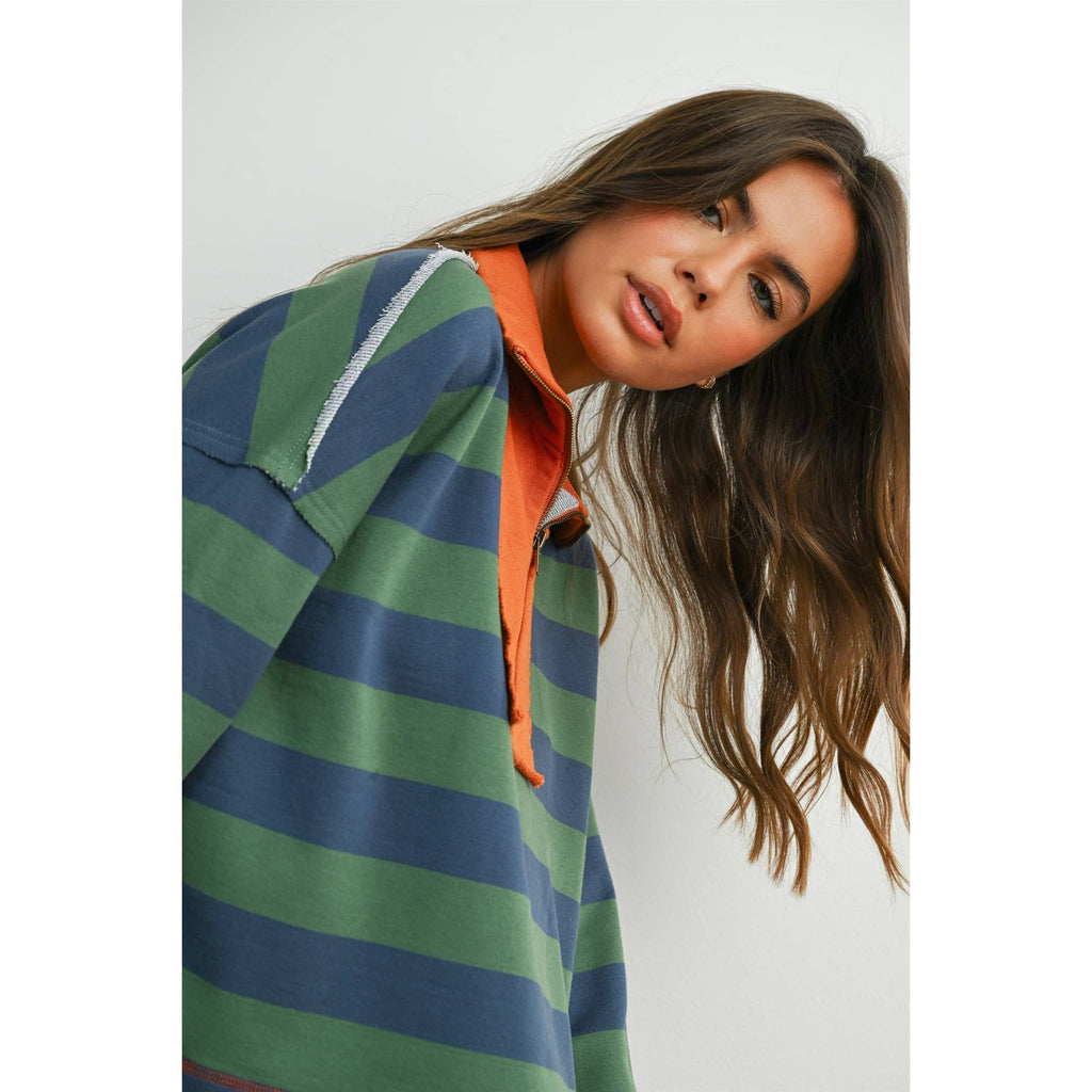 BUTTERMELON - Striped Quarter-Zip Contrast Sweatshirt