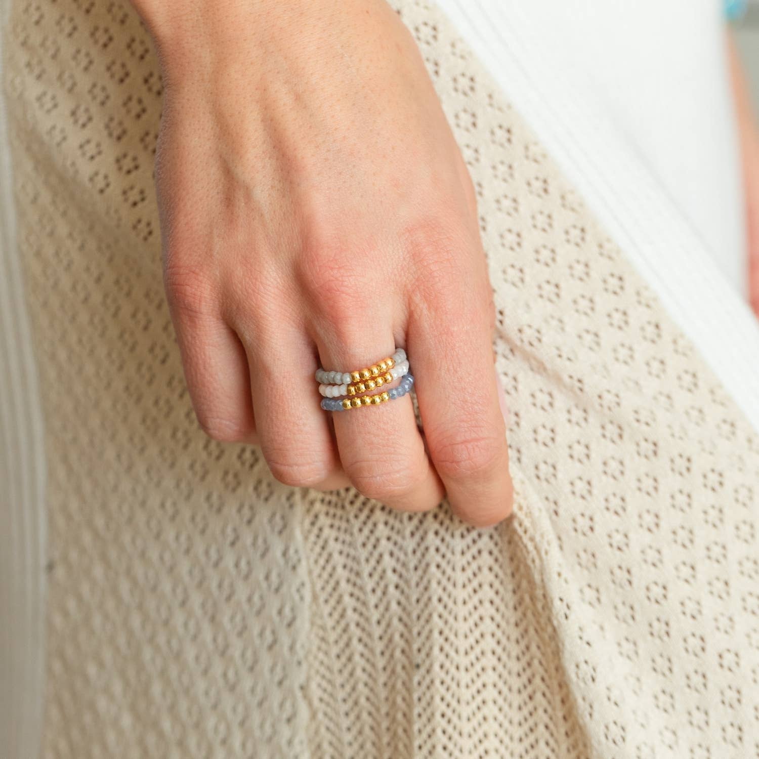 Splendid Iris - Stretch Crystal Rings With Bead Accents