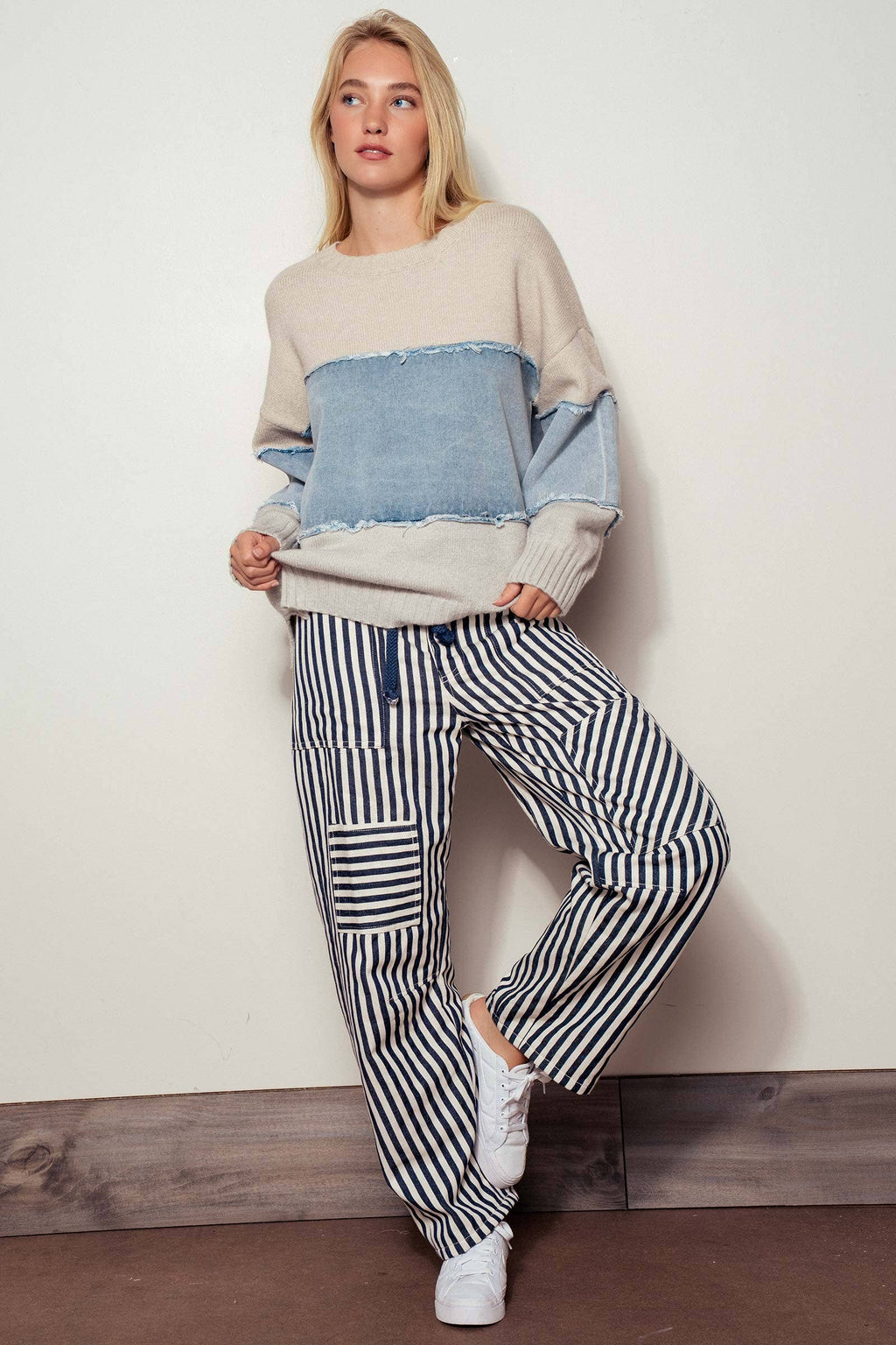 Urban Daizy - Colorblock Distressed Denim Patchwork Knit Sweater
