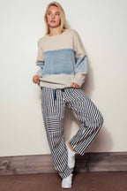 Urban Daizy - Colorblock Distressed Denim Patchwork Knit Sweater