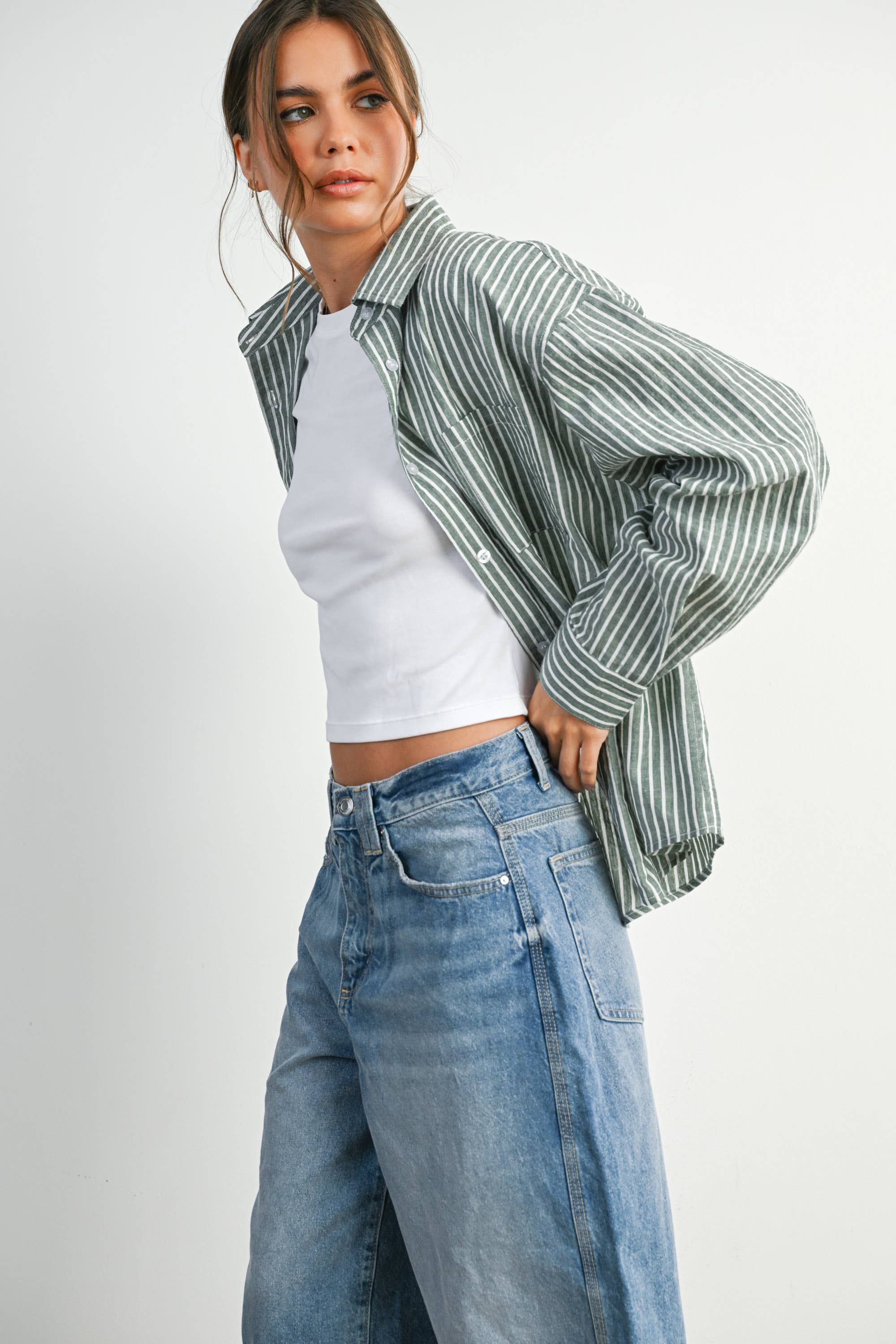 BUTTERMELON - Cropped Striped Button-Up Collared Long Sleeve Top - Multiple Colors