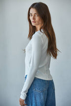 By Together - Knit Ribbed Crew Neck Long Sleeve Half Button Up Top