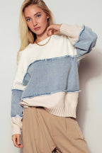 Urban Daizy - Colorblock Distressed Denim Patchwork Knit Sweater