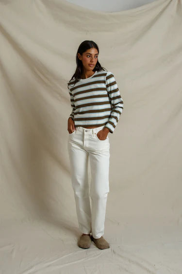 perfectwhitetee - veya cotton rugby stripe long sleeve tee - olive stripe