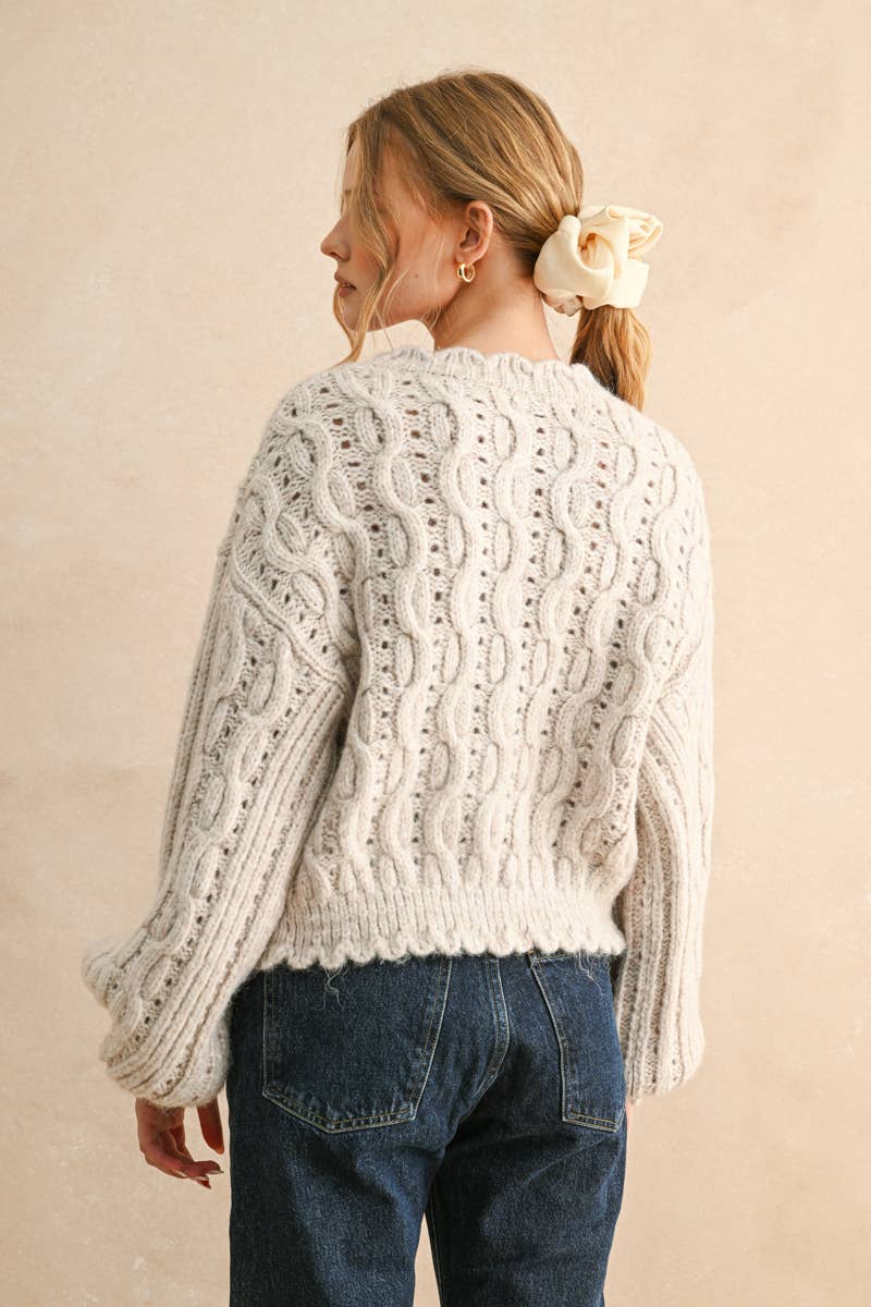 MIOU MUSE - SCALLOP EDGE CABLE KNIT CARDIGAN