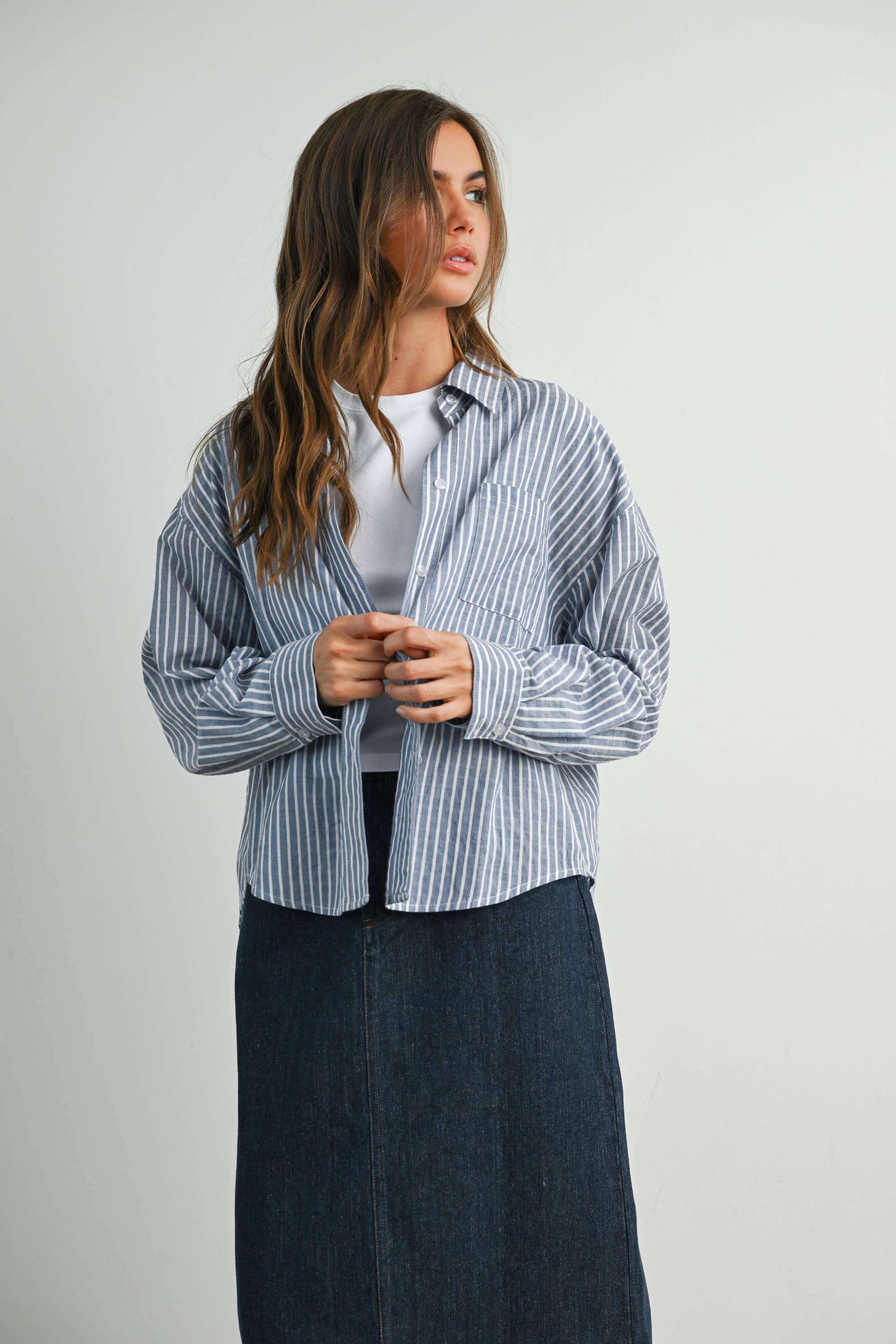 BUTTERMELON - Cropped Striped Button-Up Collared Long Sleeve Top - Multiple Colors