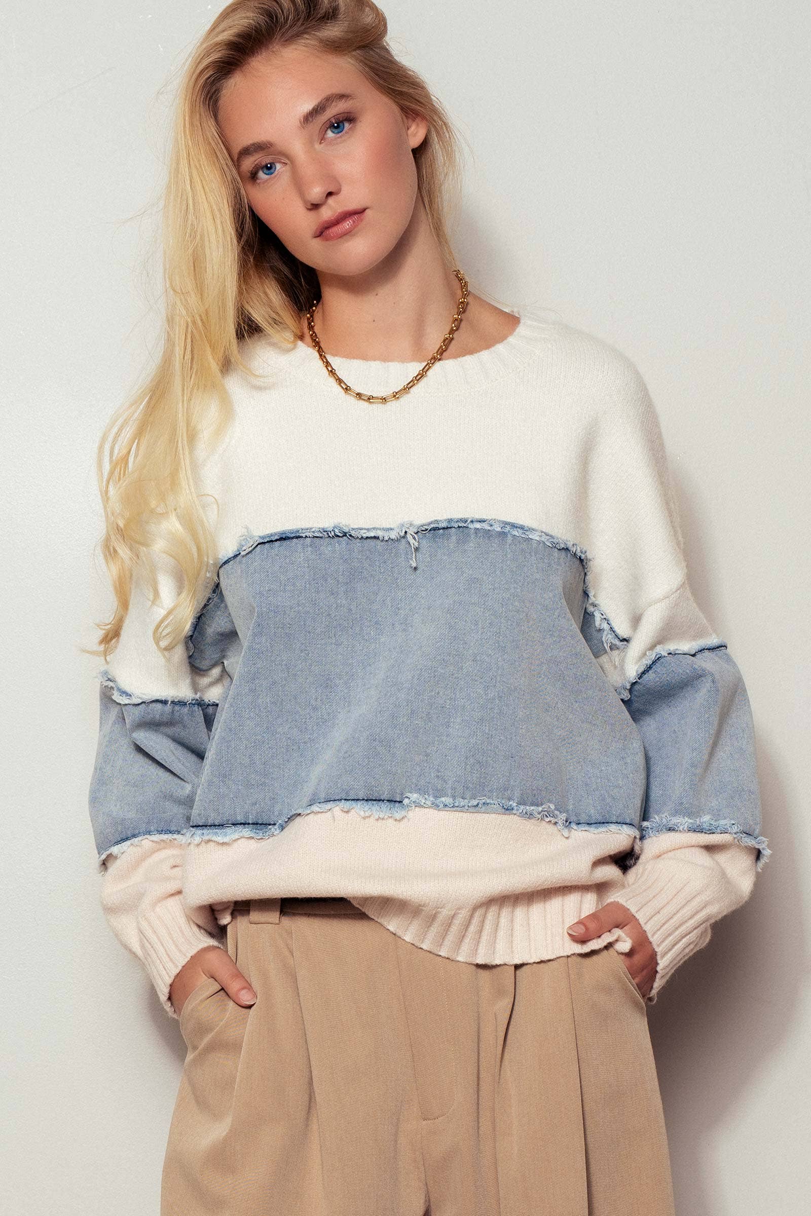 Urban Daizy - Colorblock Distressed Denim Patchwork Knit Sweater