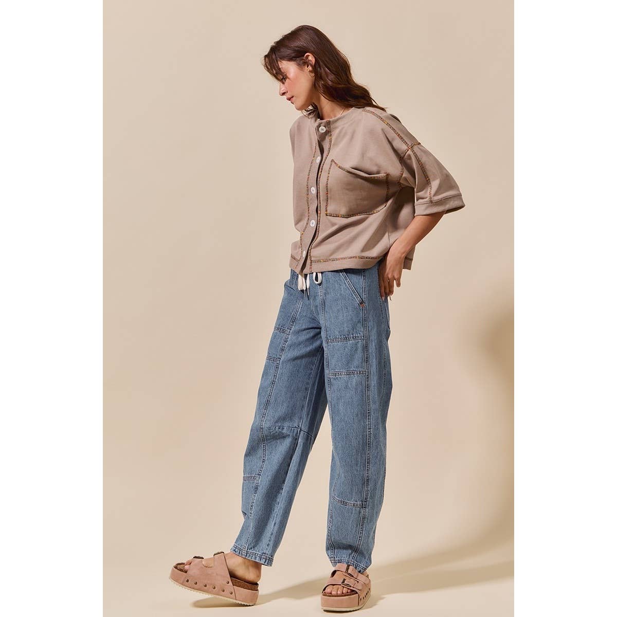 Callie Mid Rise Drawstring Barrel Denim Pants