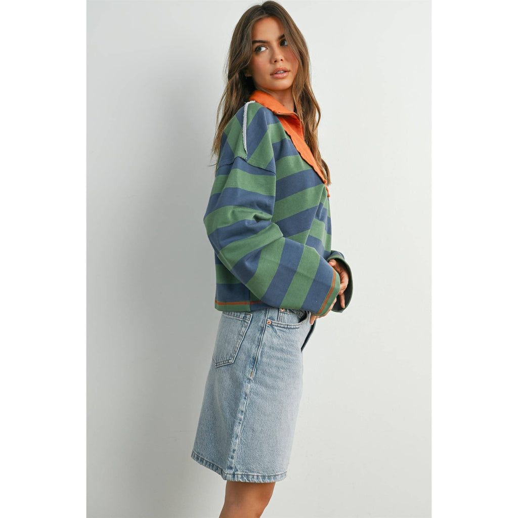 BUTTERMELON - Striped Quarter-Zip Contrast Sweatshirt