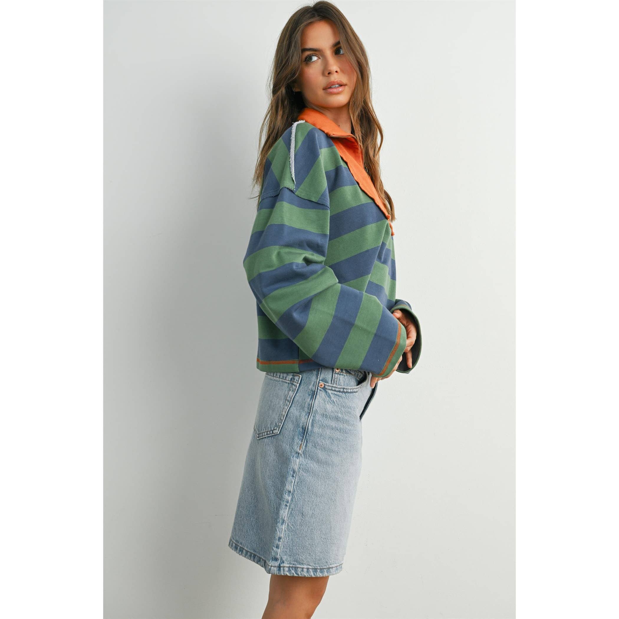 BUTTERMELON - Striped Quarter-Zip Contrast Sweatshirt