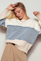 Urban Daizy - Colorblock Distressed Denim Patchwork Knit Sweater
