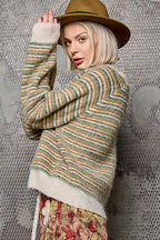 Pol Clothing - Round neck stripe pattern rib band mohair sweater top