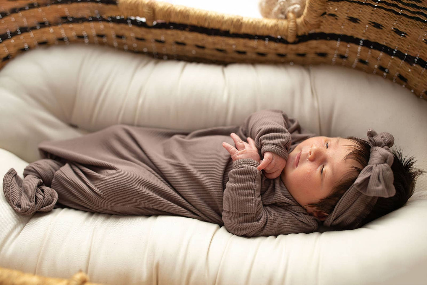 Three Little Tots - Cocoa Brown Ribbed Knotted Newborn Baby Gown sleepwear