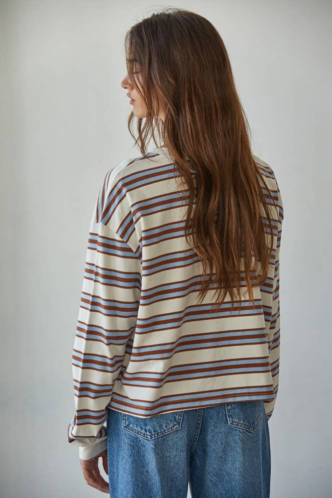 By Together - L8681 | Knit Cotton Multicolor Stripe Crew Neck Long Sleeve