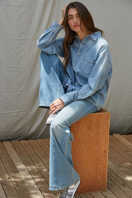 By Together - L9120 | Woven Cotton Denim Button-Down Long Sleeve Shirt