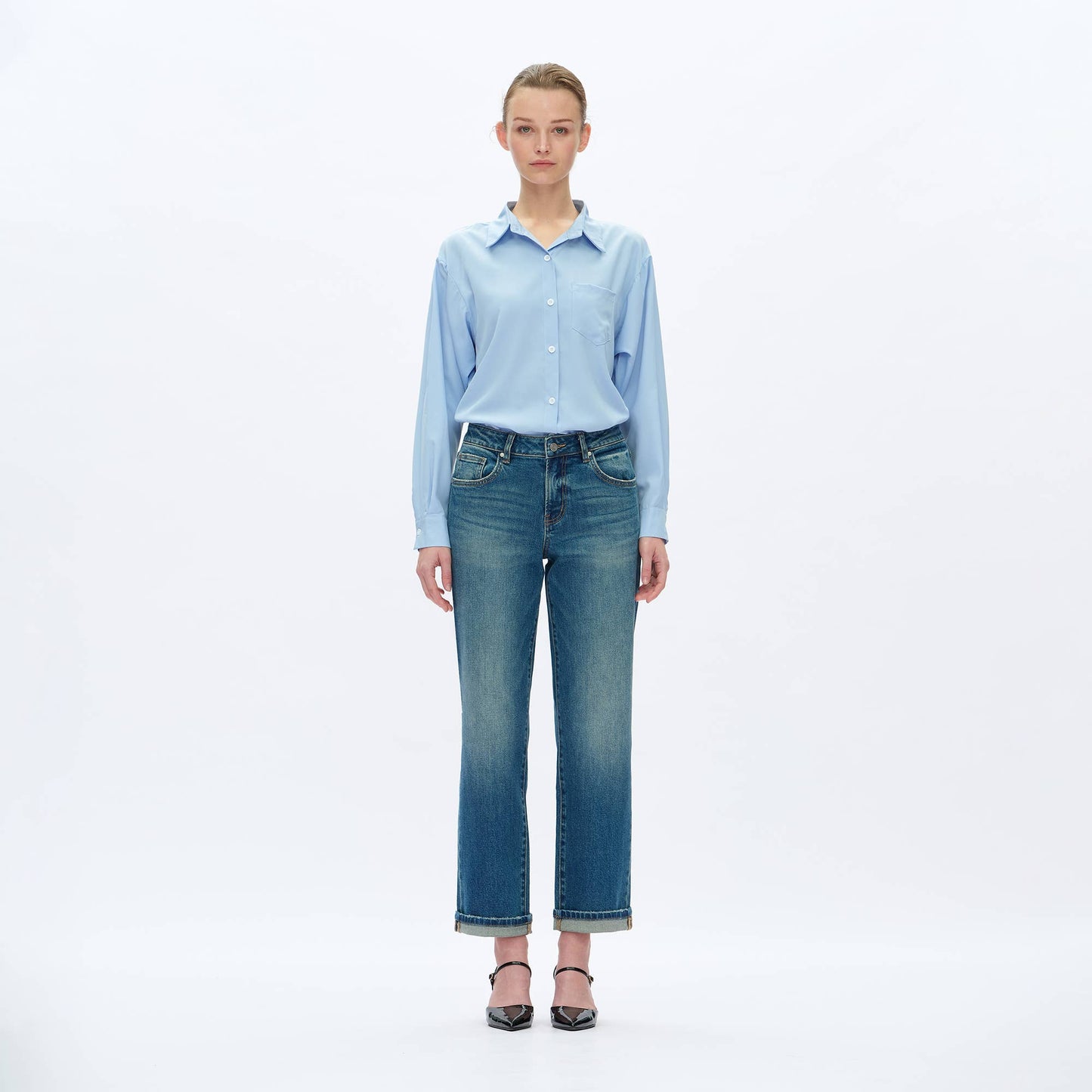 BAYEAS - MID RISE STRAIGHT JEANS WITH FINISHED HEM