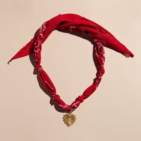 Nickel and Suede - Red Bandana Necklace - Gold Sunburst