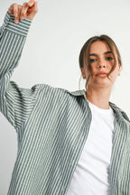BUTTERMELON - Cropped Striped Button-Up Collared Long Sleeve Top - Multiple Colors