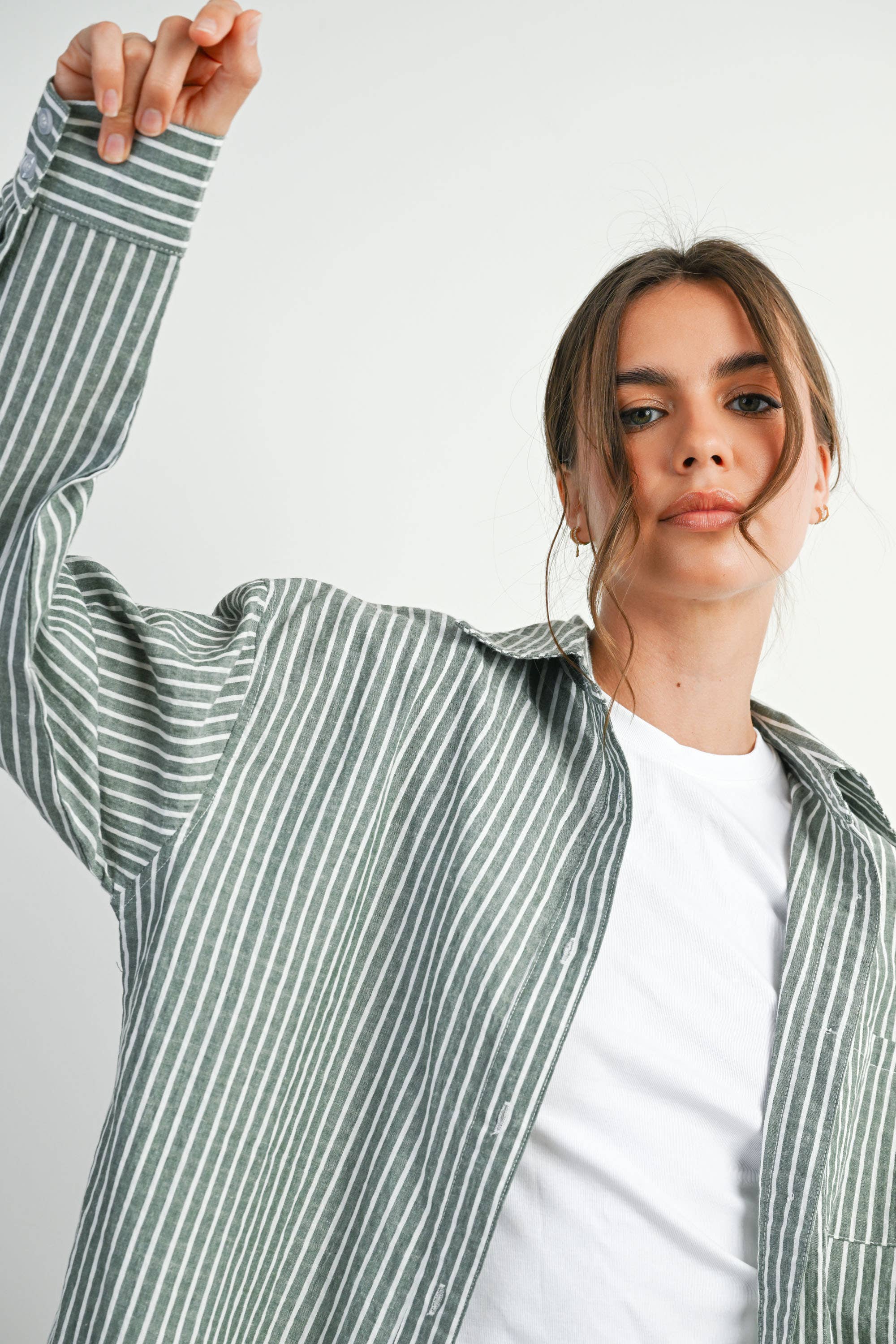 BUTTERMELON - Cropped Striped Button-Up Collared Long Sleeve Top - Multiple Colors