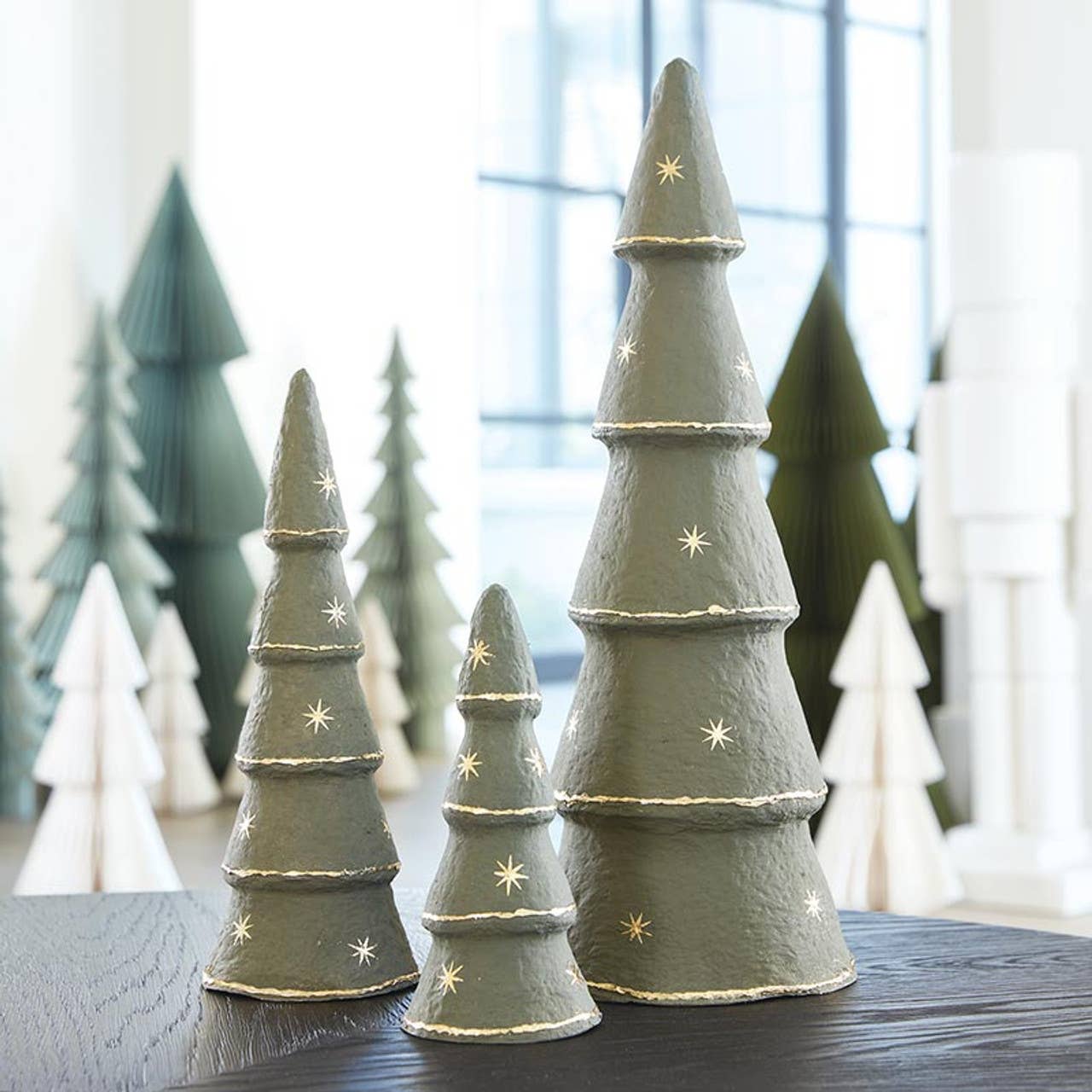 Santa Barbara Design Studio by Creative Brands - Paper-Mache Tree - Forest Fog Gold Stars - Set of 3