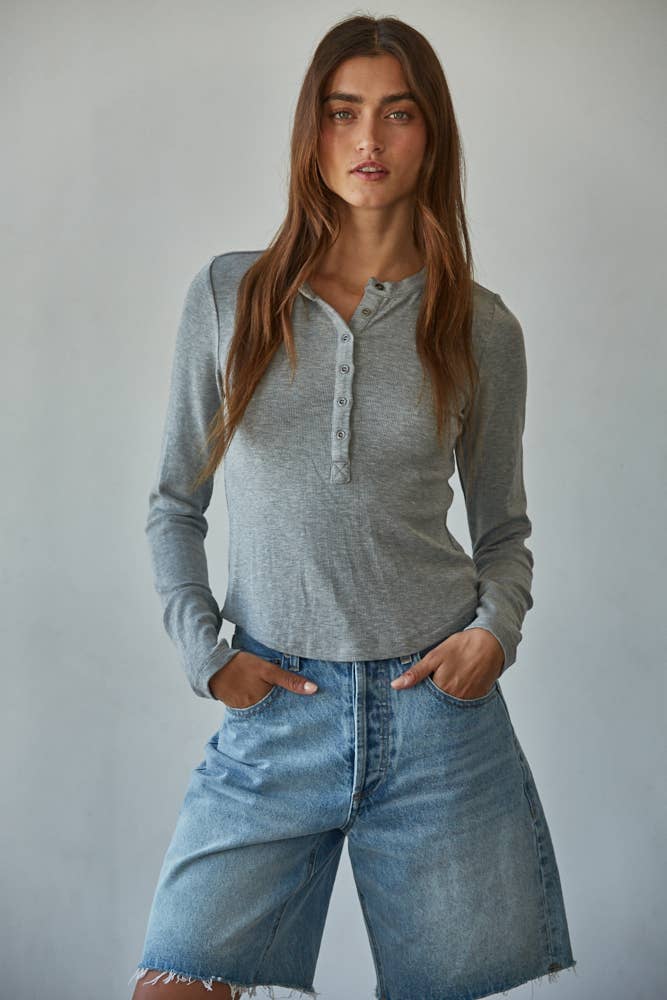 By Together - Knit Ribbed Crew Neck Long Sleeve Half Button Up Top
