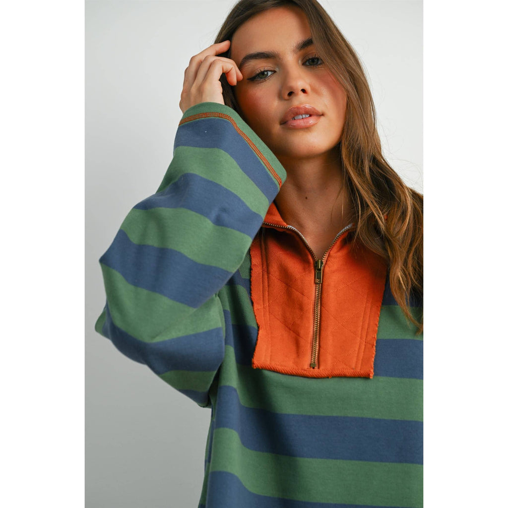 BUTTERMELON - Striped Quarter-Zip Contrast Sweatshirt