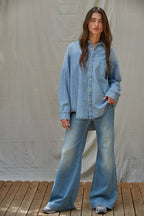 By Together - Woven Cotton Denim Button-Down Long Sleeve Shirt