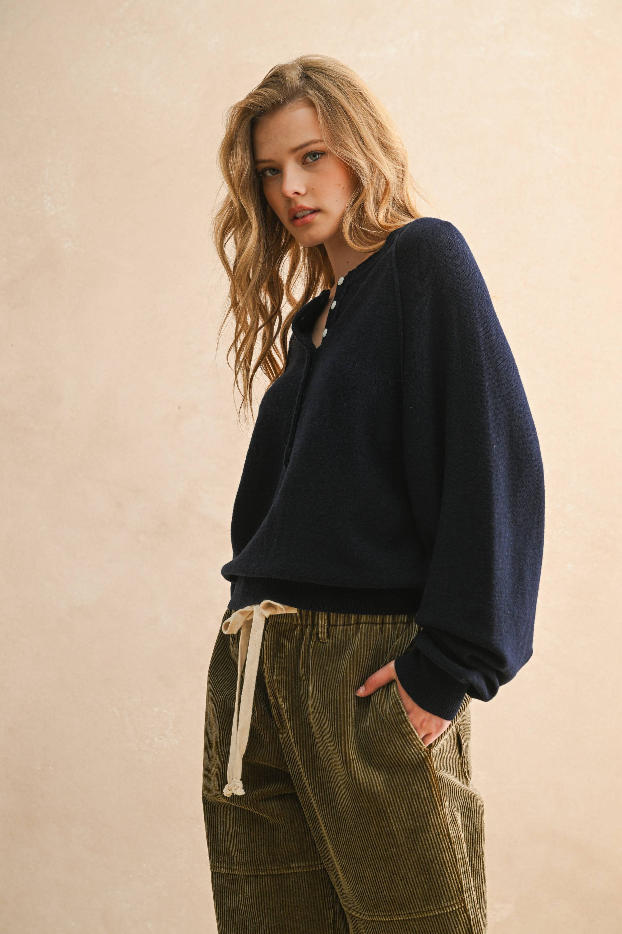 MIOU MUSE - HALF BUTTON FRONT LONG SLEEVE SWEATER TOP