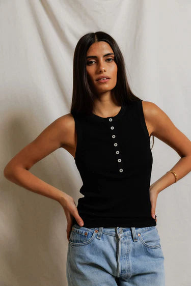 perfectwhitetee Loretta Luxe Rib Henley Tank - Black