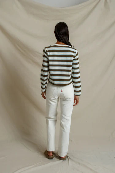 perfectwhitetee - veya cotton rugby stripe long sleeve tee - olive stripe