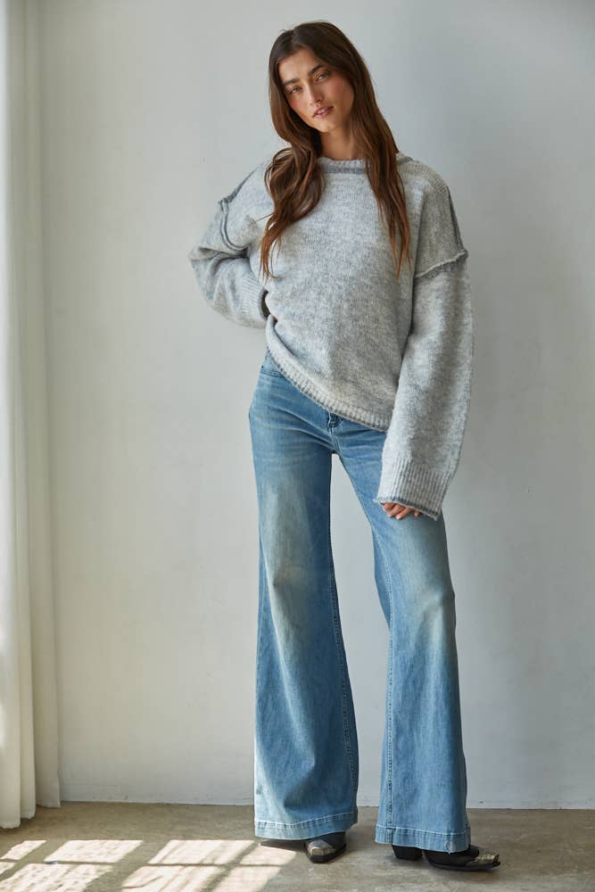 By Together - Knit Sweater Crew Neck Pullover Top With Rolled Edge