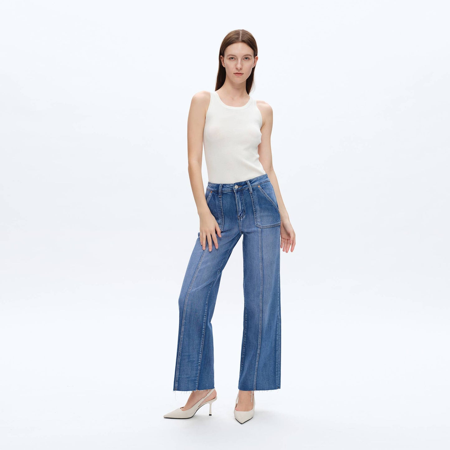 BAYEAS - HIGH RISE RELAXED STRAIGHT JEANS WITH RAW HEM