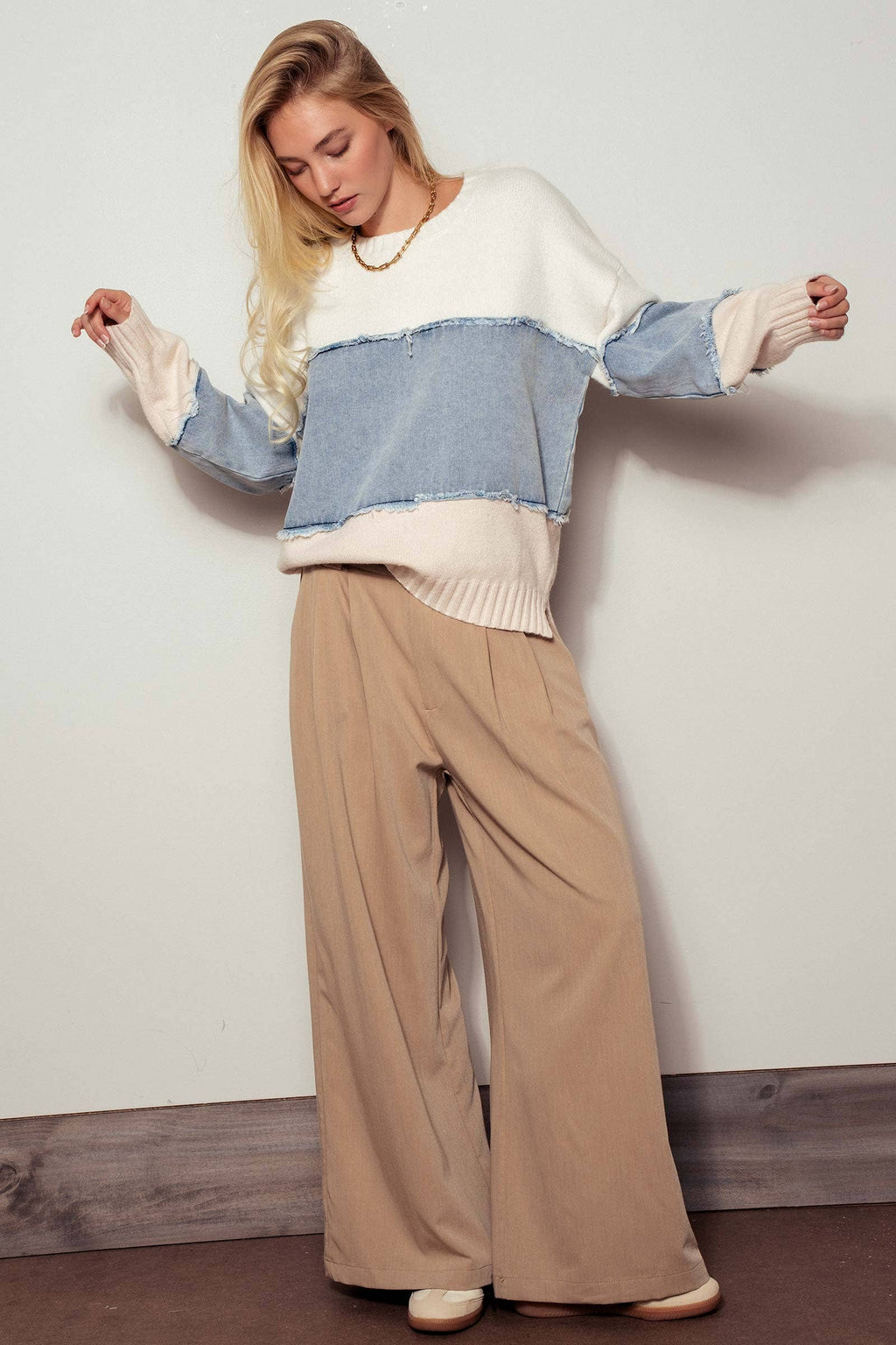 Urban Daizy - Colorblock Distressed Denim Patchwork Knit Sweater