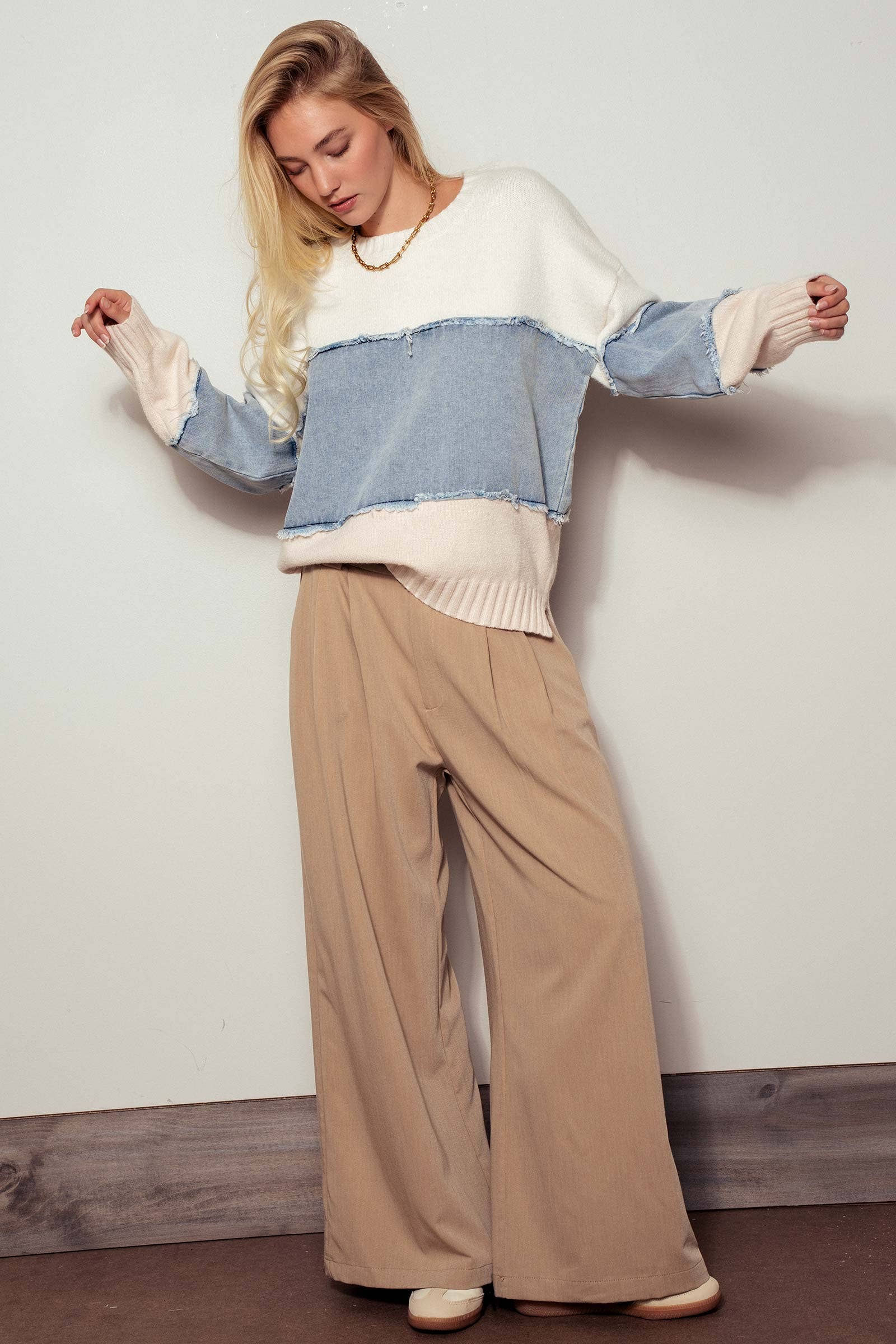 Urban Daizy - Colorblock Distressed Denim Patchwork Knit Sweater