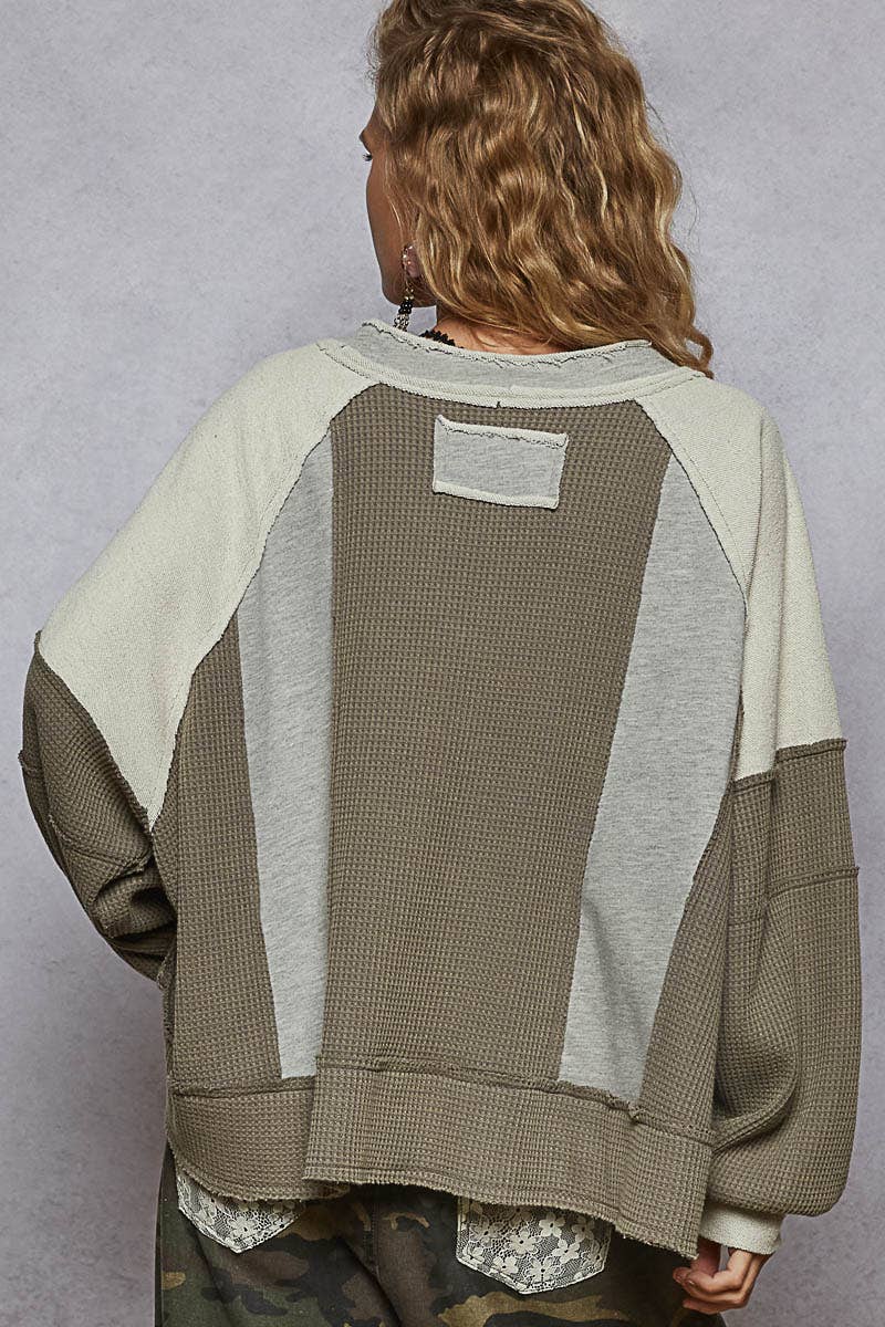 Pol Clothing - Contrast Fabric Top - Olive / Grey