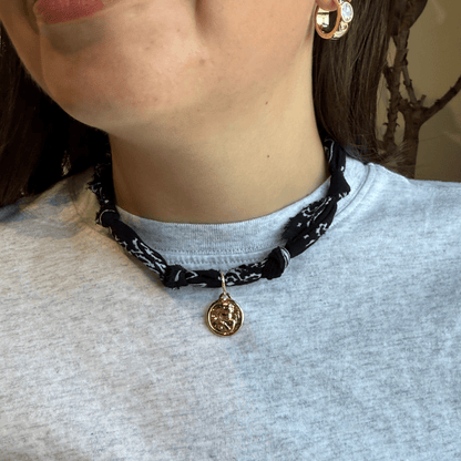 Nickel and Suede - Navy Bandana Necklace - Silver Heart Locket