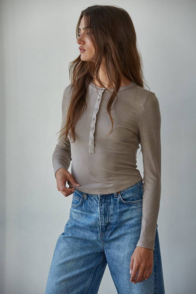 By Together - Knit Ribbed Crew Neck Long Sleeve Half Button Up Top