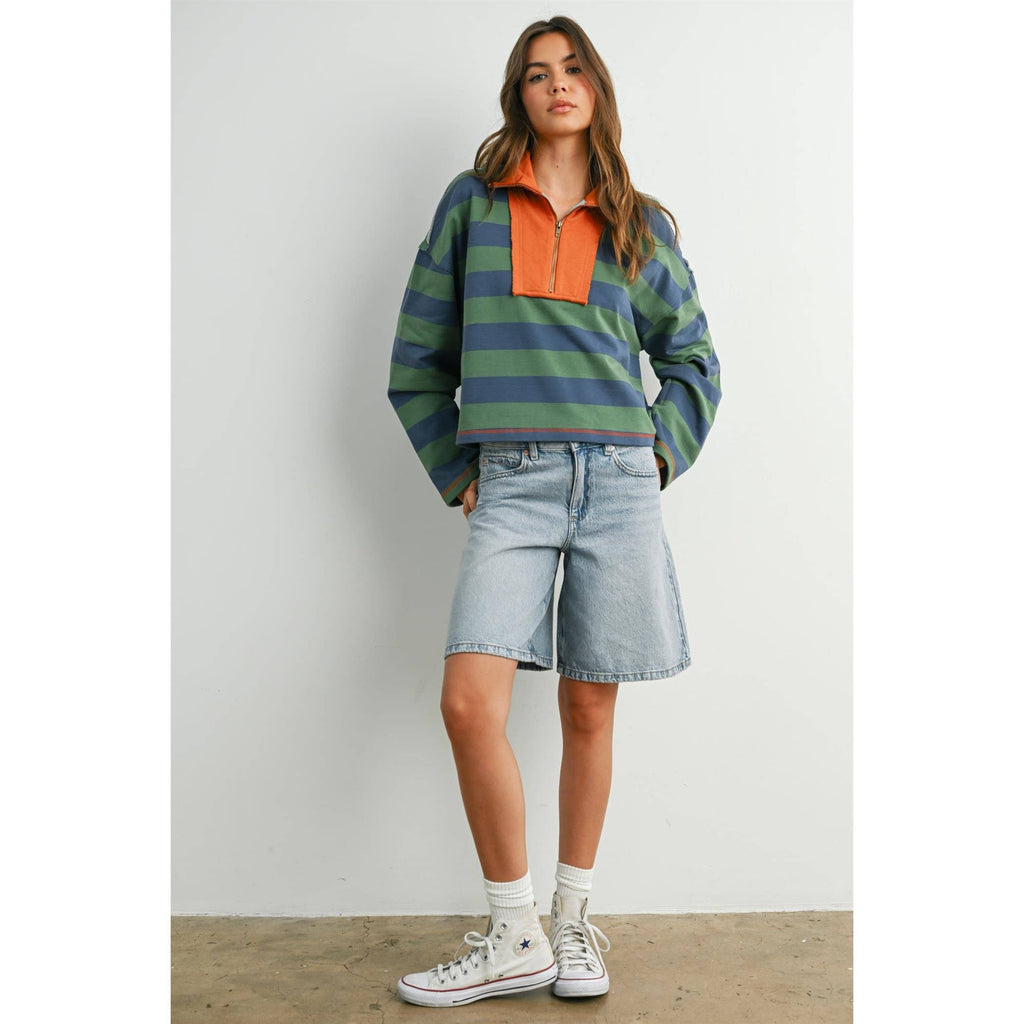 BUTTERMELON - Striped Quarter-Zip Contrast Sweatshirt