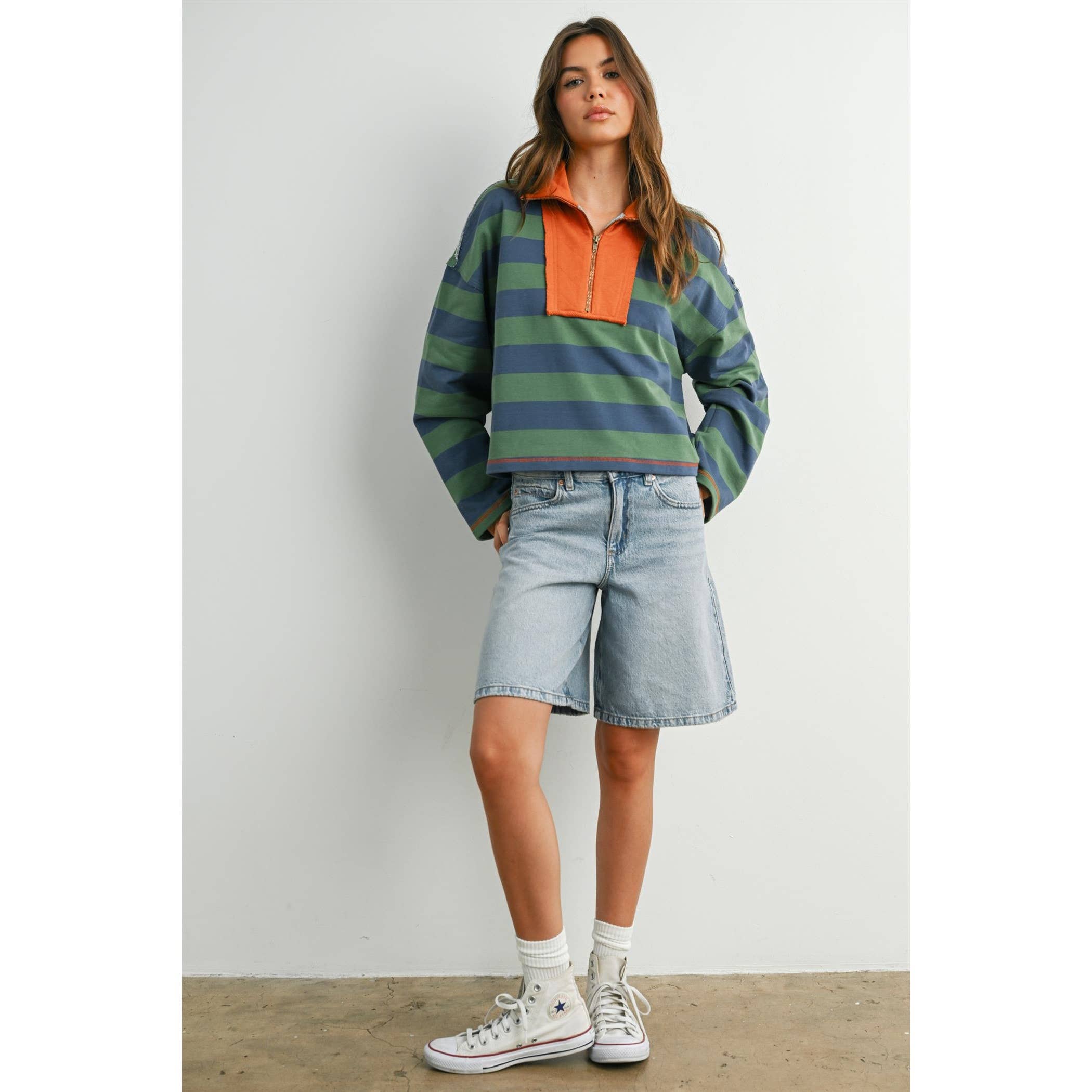 BUTTERMELON - Striped Quarter-Zip Contrast Sweatshirt