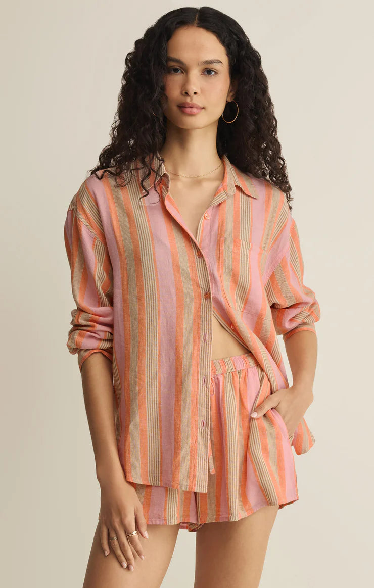 Z Supply - The Perfect Striped Linen Button Up - Tiger Lily